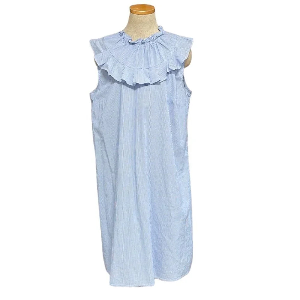 Halogen High Neck Dress Frill Striped Blue White Size Large L